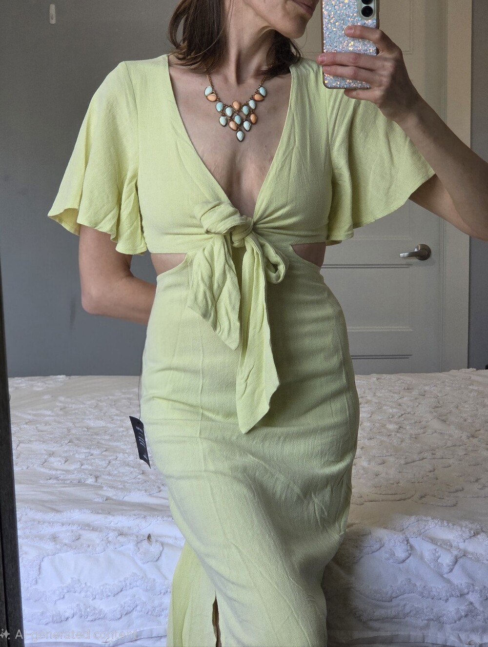 Lulus NWT Light Green Linen Blend Tie Front Cutout Midi Dress Sz XS ☀️